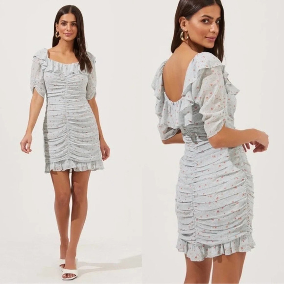ASTR The Label Dress Short Sleeve Ruffle Neck Ruched Teal Multi Ditsy Women’s M - Picture 2 of 14